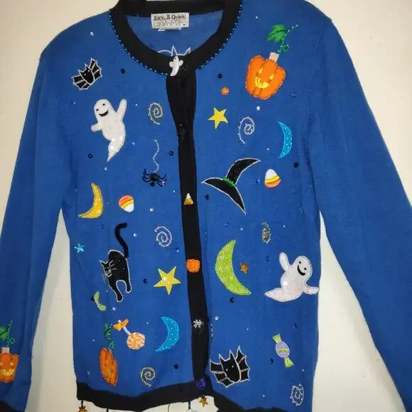 Vintage Jack B Quick Halloween Sweater Top Women's M Embellished Sequins Ghosts - Picture 2 of 16